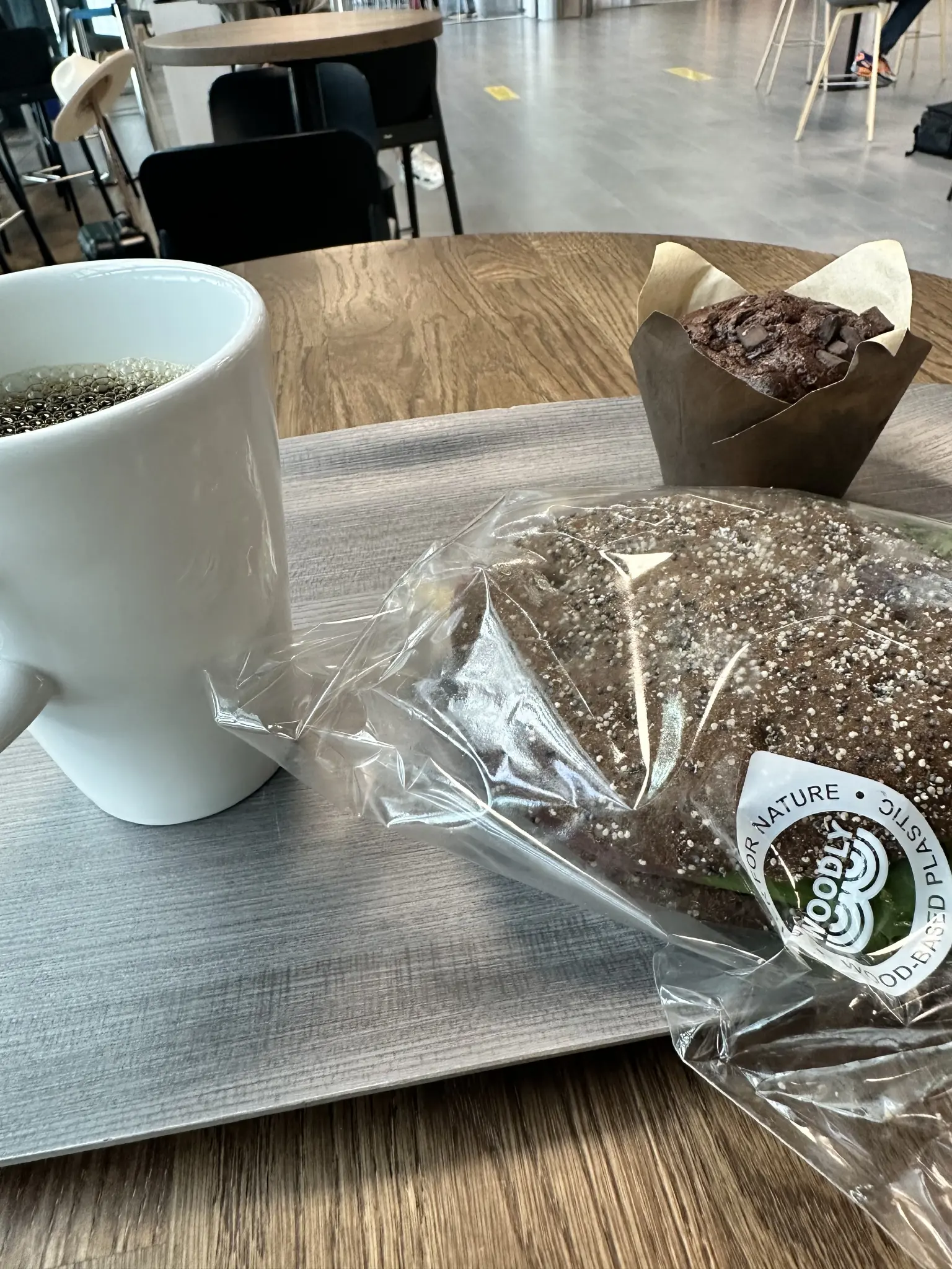 kuvassa kuppi kahvia, voileipä, muffiini, tarjottimella