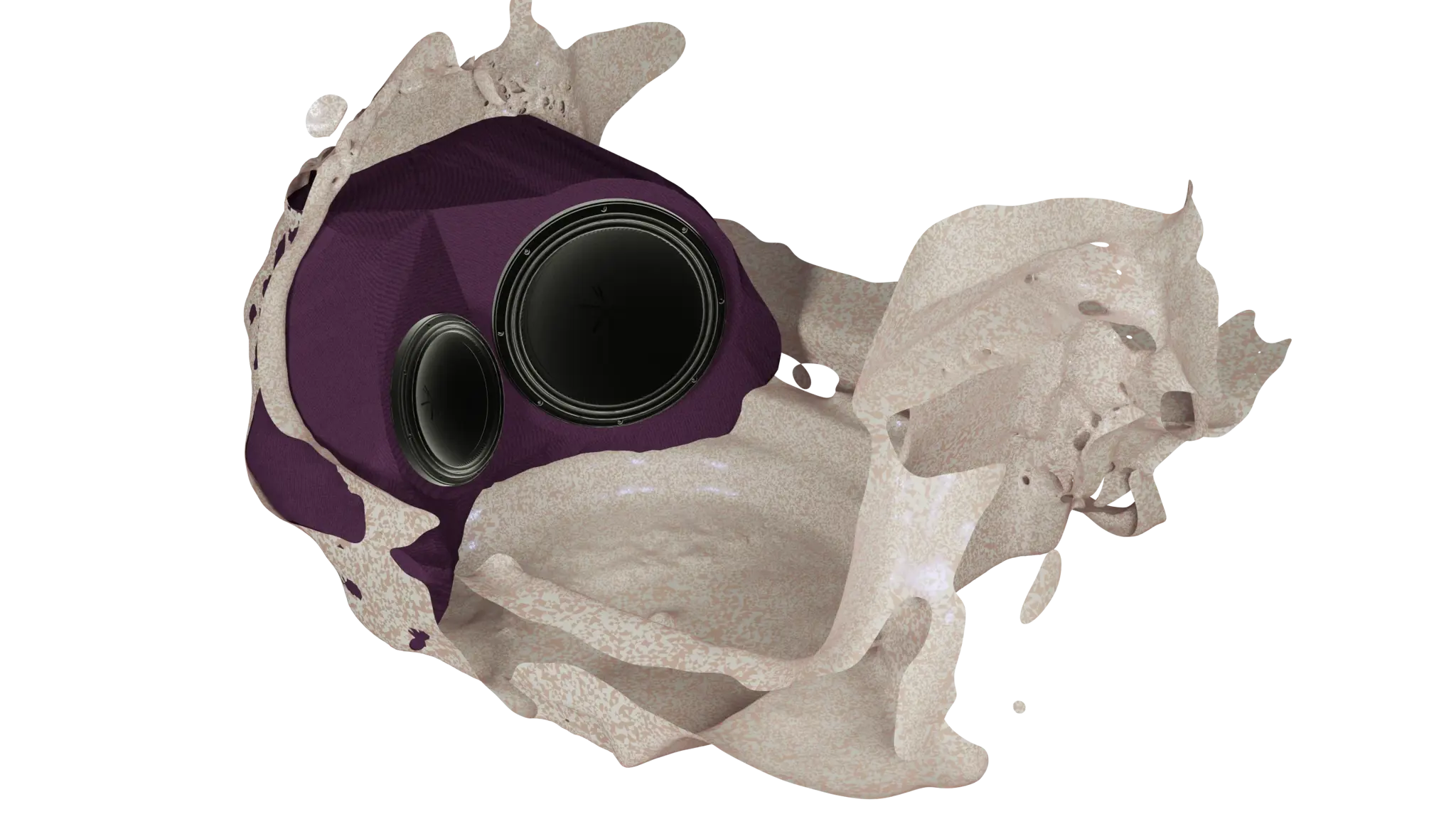 Kuvassa Blenderillä Renderöitu kuva suunnitellusta subwoofer -kotelosta, jossa kaksi elementtiä 15" ja 10"